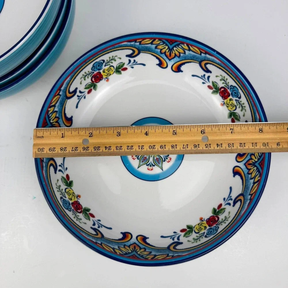 Euro Ceramica Zanzibar 5 Piece Pasta Bowl Set Blue Floral Spanish Design Ceramic